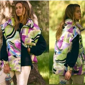 FP Movement by Free People Multicolor Abstract Puffer Vest - Green, Purple, Blue